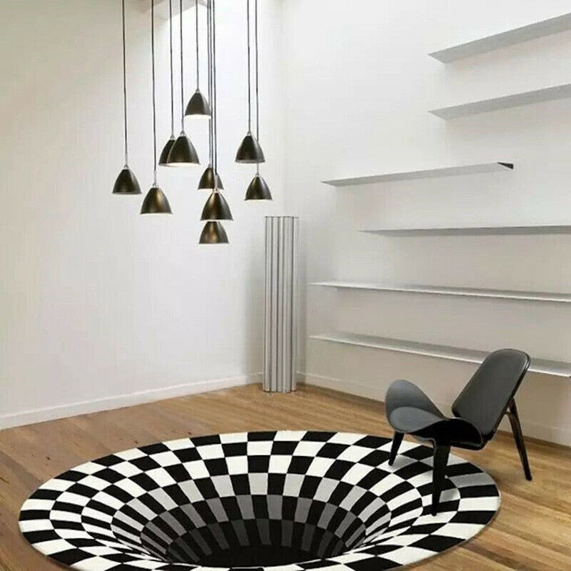 3D Vortex Carpet Black White Grid Bottomless Hole Illusion Rug Living Room Bedroom Anti-Slip Floor Mats Home Fashion Carpet Rugs - iztia