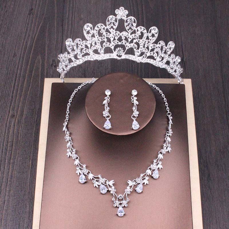 Bridal Rhinestone Crown Necklace Set Wedding Accessories - iztia