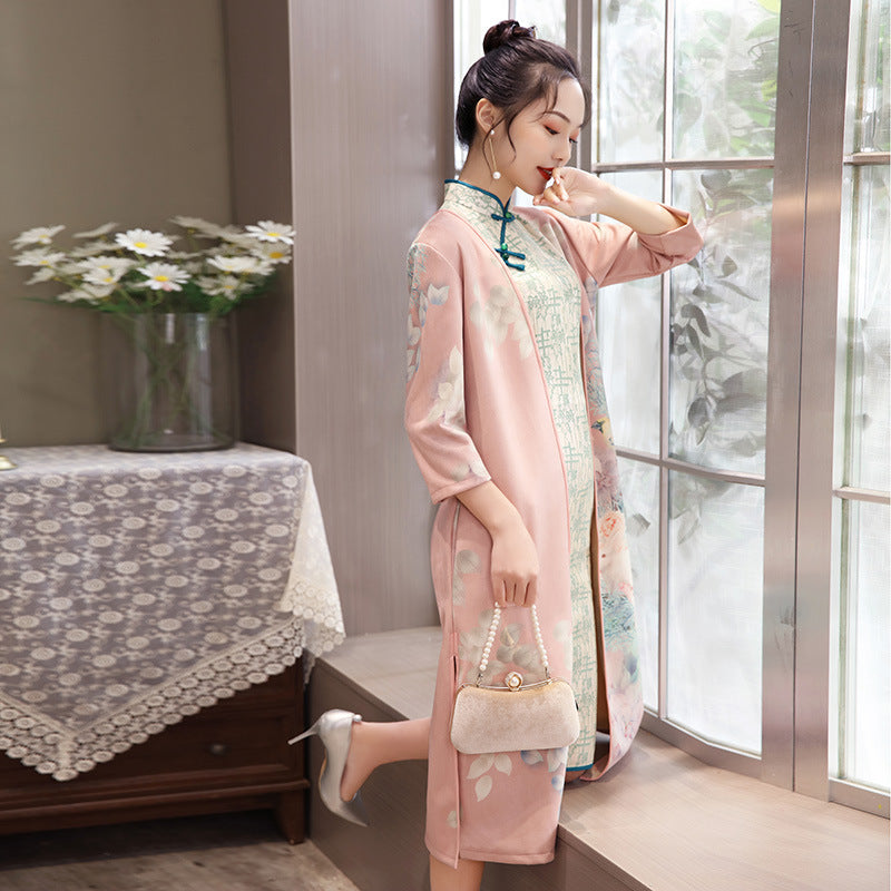 Women's Medium Length Cheongsam With Suede And Aodai Dress - iztia