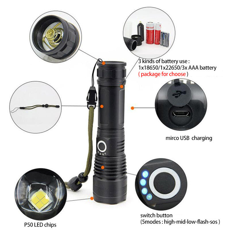 USB Charging Zoom P50 Flashlight - iztia