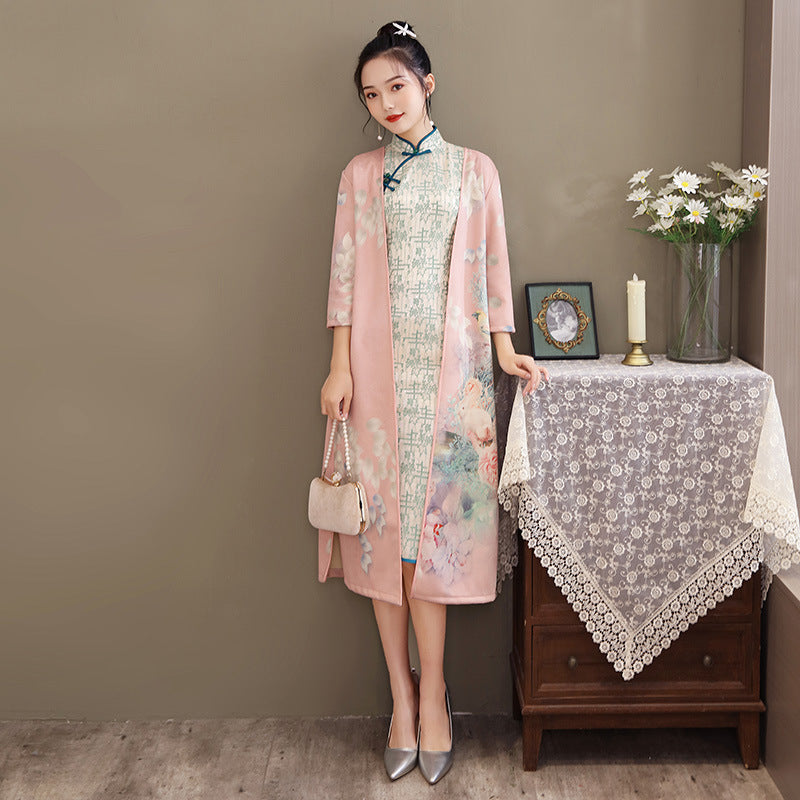 Women's Medium Length Cheongsam With Suede And Aodai Dress - iztia