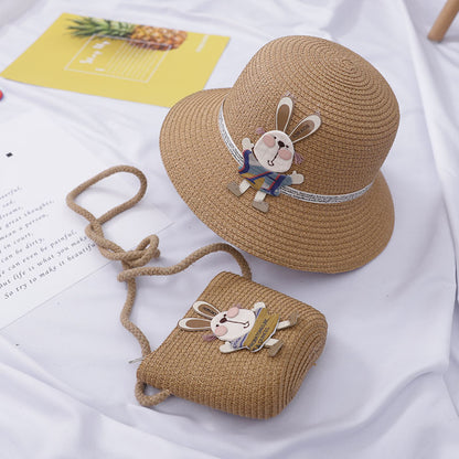 Cute Rabbit Decoration Bag Two-Piece Straw Hat - iztia