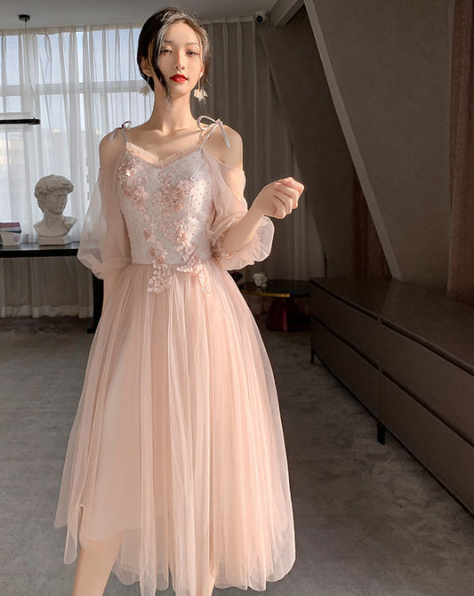 Pink Bridesmaid Dress New Summer Fairy Temperament Korean Wedding Sisters Dress - iztia