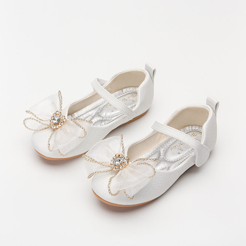 Spring New Girls' Single Shoes Cute Bow Rhinestone Soft Sole Flat Shoes - iztia