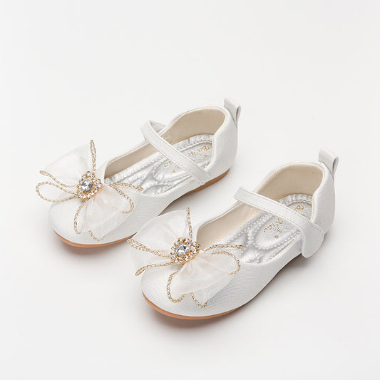 Spring New Girls' Single Shoes Cute Bow Rhinestone Soft Sole Flat Shoes - iztia