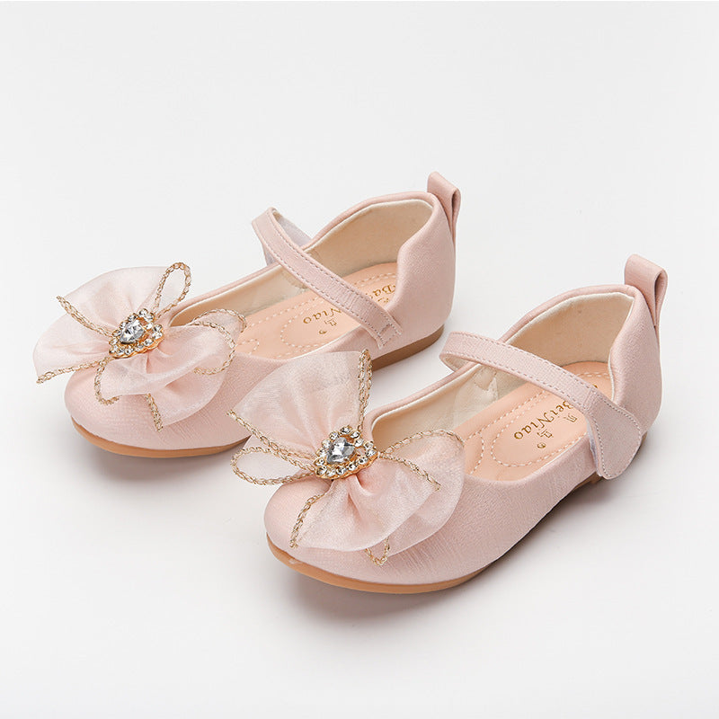 Spring New Girls' Single Shoes Cute Bow Rhinestone Soft Sole Flat Shoes - iztia