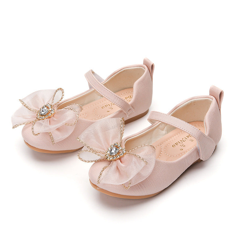 Spring New Girls' Single Shoes Cute Bow Rhinestone Soft Sole Flat Shoes - iztia