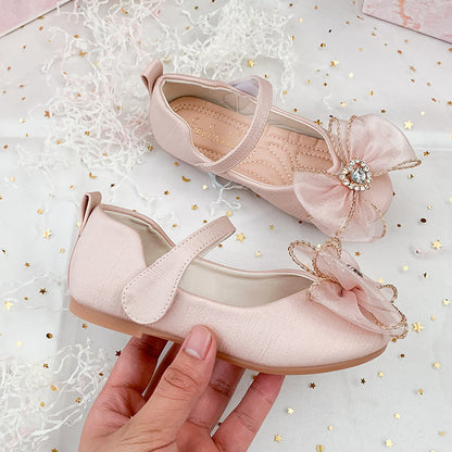 Spring New Girls' Single Shoes Cute Bow Rhinestone Soft Sole Flat Shoes - iztia