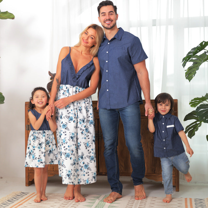 Family Matching Family Denim Sling Skirt Baby Girl Mom Dad Boy Boy Shirt Parent-Child - iztia