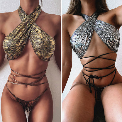 Bikini sexy bikini hot style snake print fabric strappy swimsuit - iztia