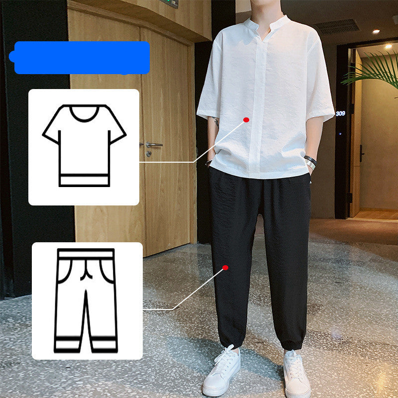 Ice Silk Short-Sleeved T-Shirt Men'S Summer Trend Set With Handsome Clothes Men'S Casual Linen Suit - iztia