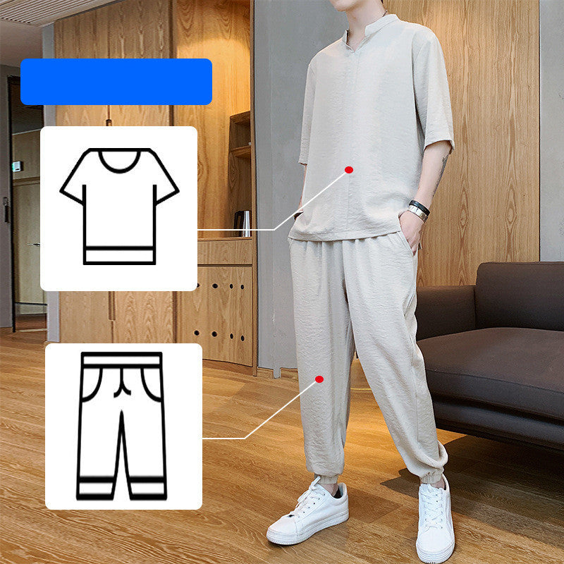 Ice Silk Short-Sleeved T-Shirt Men'S Summer Trend Set With Handsome Clothes Men'S Casual Linen Suit - iztia