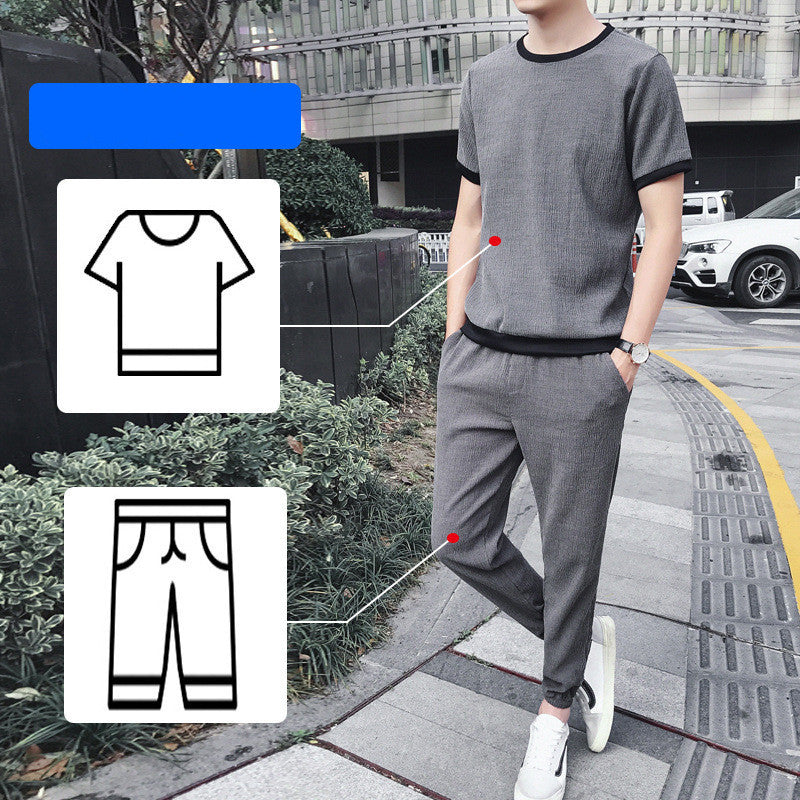 Ice Silk Short-Sleeved T-Shirt Men'S Summer Trend Set With Handsome Clothes Men'S Casual Linen Suit - iztia