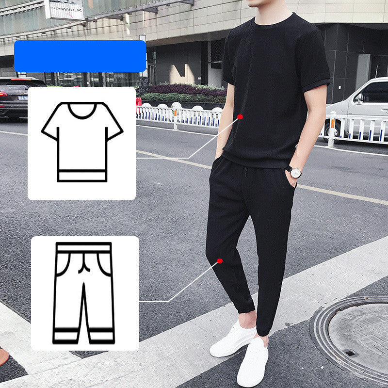 Ice Silk Short-Sleeved T-Shirt Men'S Summer Trend Set With Handsome Clothes Men'S Casual Linen Suit - iztia