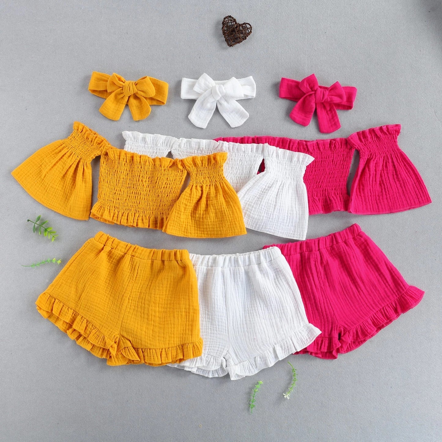 Summer Girls' Suit One-Shoulder Folds Flared Sleeve Shorts Three-Piece Shorts - iztia