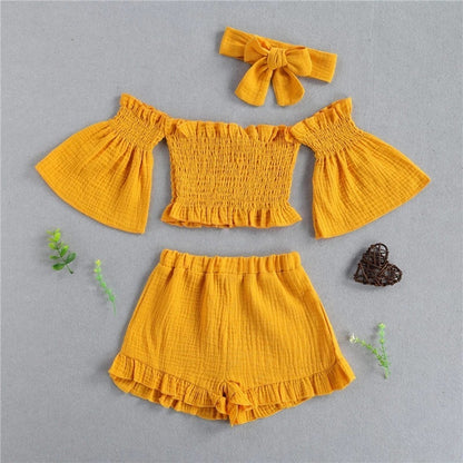 Summer Girls' Suit One-Shoulder Folds Flared Sleeve Shorts Three-Piece Shorts - iztia