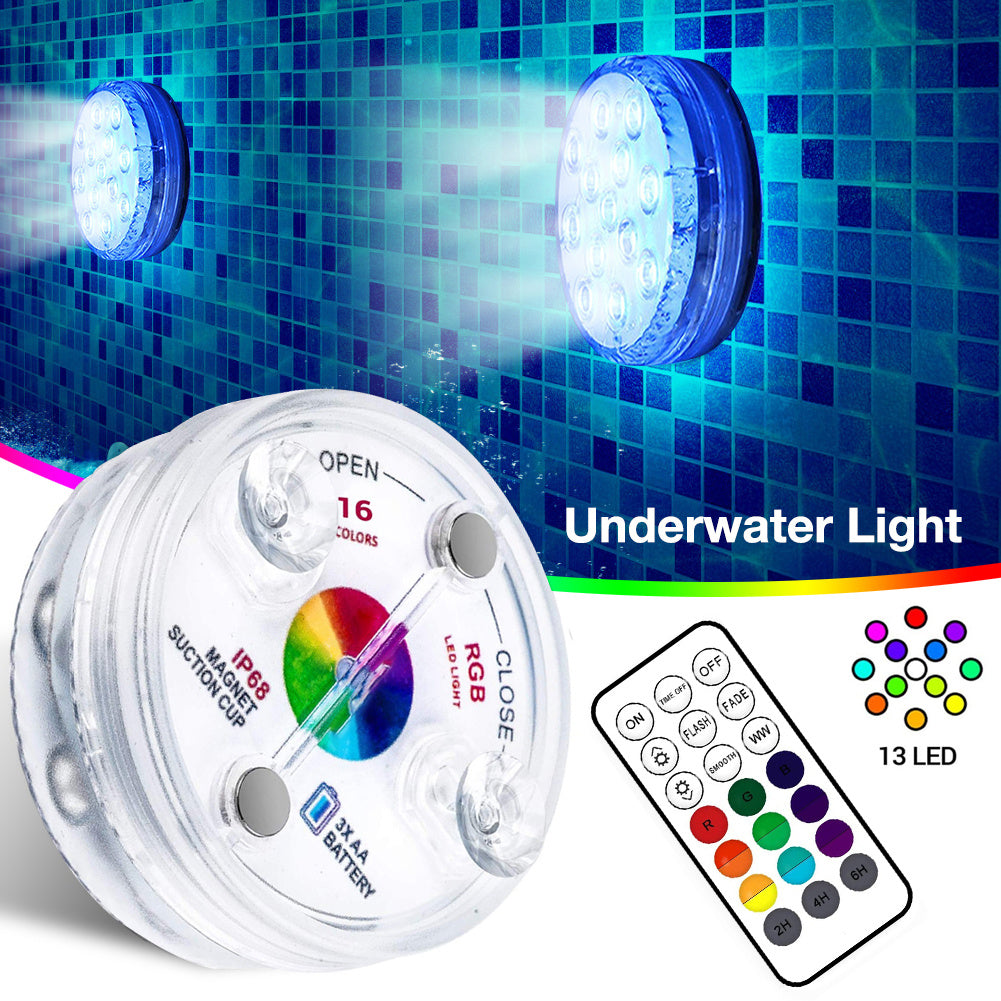 13 Led Submersible Light for Swimming Pool Garden Fountain Bathroom IP68 Waterproof Underwater Lamp with Suction Cup RF Remote - iztia