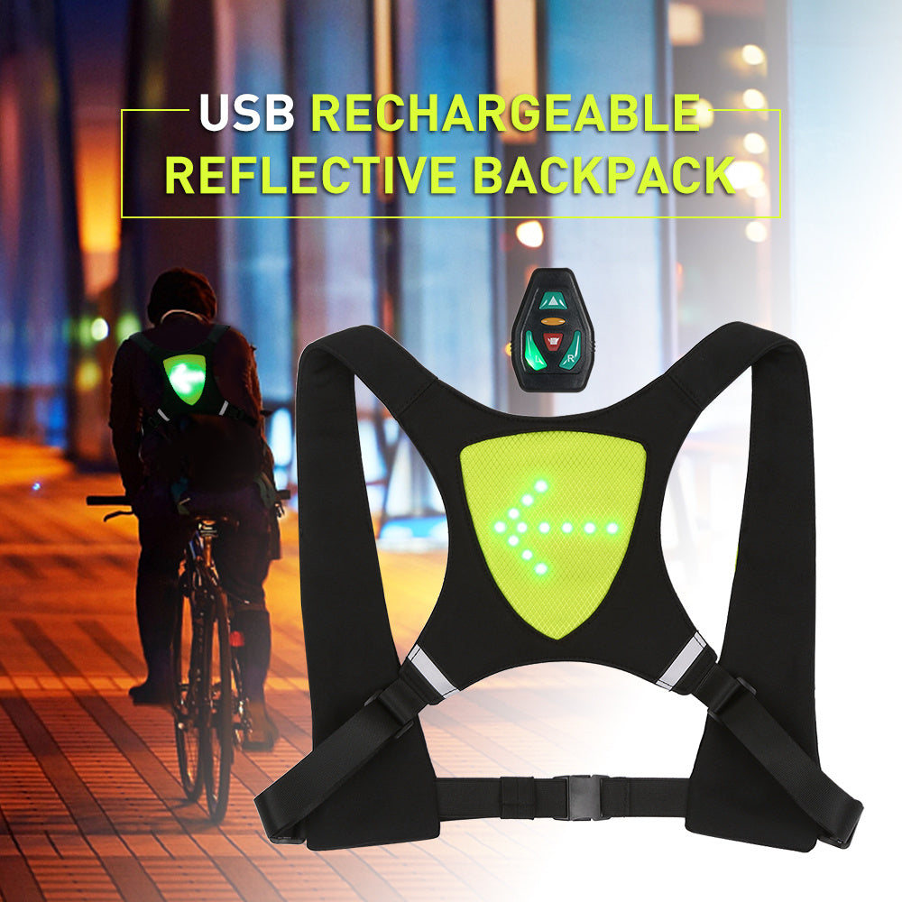 USB Rechargeable Reflective Vest Backpack with LED Turn Signal Light Remote Control Outdoor Sport Safety Bag Gear for Cycling - iztia