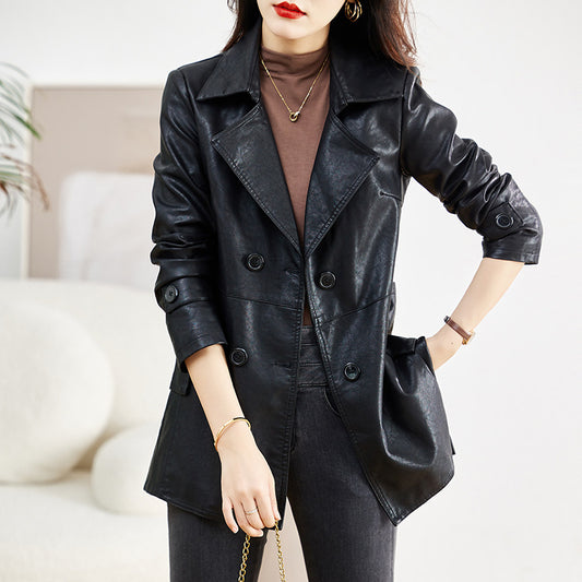 Women's Mid-length Leather Coat Spring And Autumn - iztia