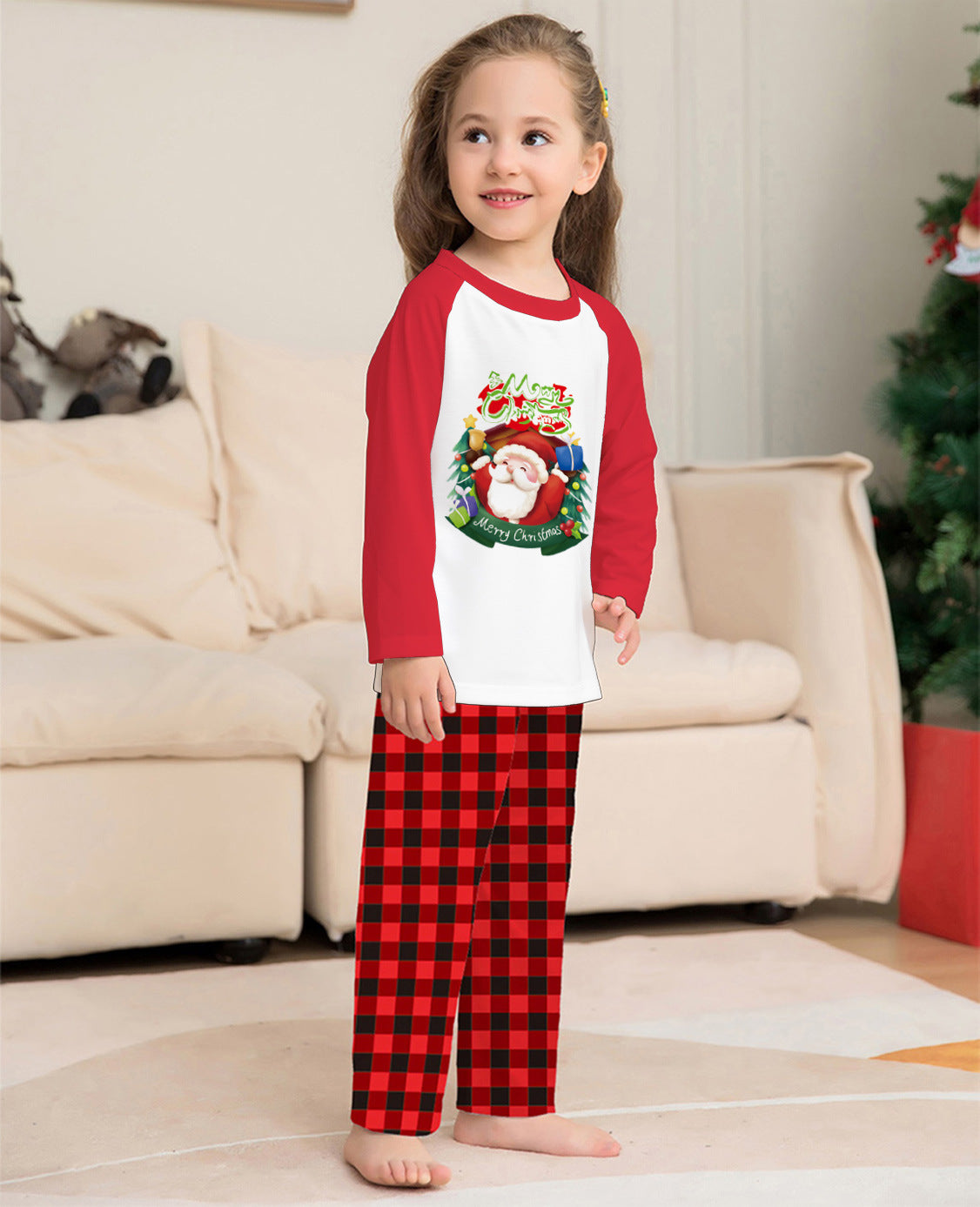 Christmas Parent-Child Clothes Set Long Sleeve T-Shirt Plaid Pants Family Matching Pajamas - iztia