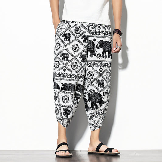 Printed Pants Baggy Cotton And Linen Loose Casual Cropped Pants - iztia