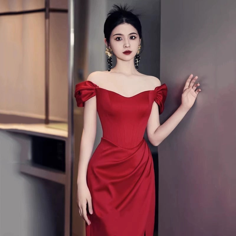 Fashion Bride Wine Red Engagement Wedding Back-to-door Casual Dress Small - iztia