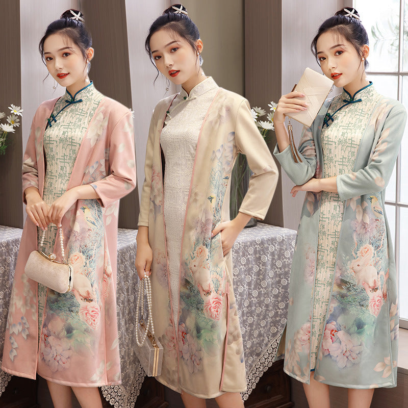 Women's Medium Length Cheongsam With Suede And Aodai Dress - iztia