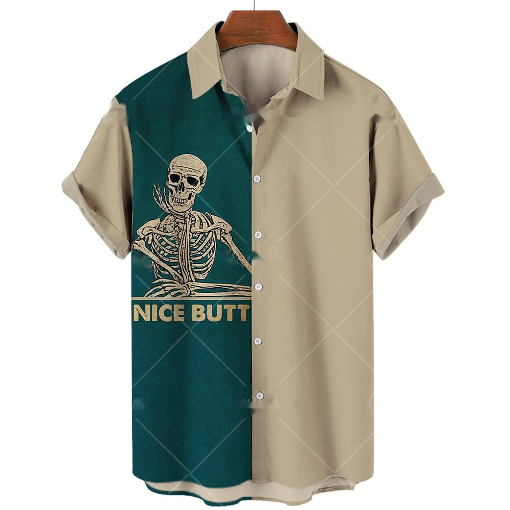 Men's Short-sleeve Lapel Shirt 3D Digital Skull Printed Shirt - iztia