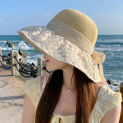 Lace Bow Straw Fisherman Hat Summer Outdoor Sunhat With Large Brim Anti-UV Sunshade And Face Protection Hat - iztia