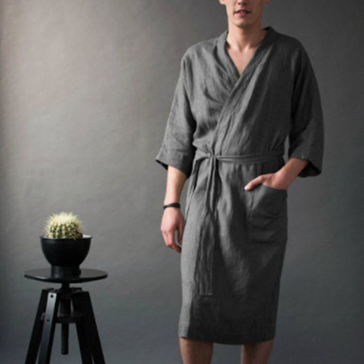 Solid Color Linen Pajamas Robe Bathrobe for Men and Women, Long Style - iztia