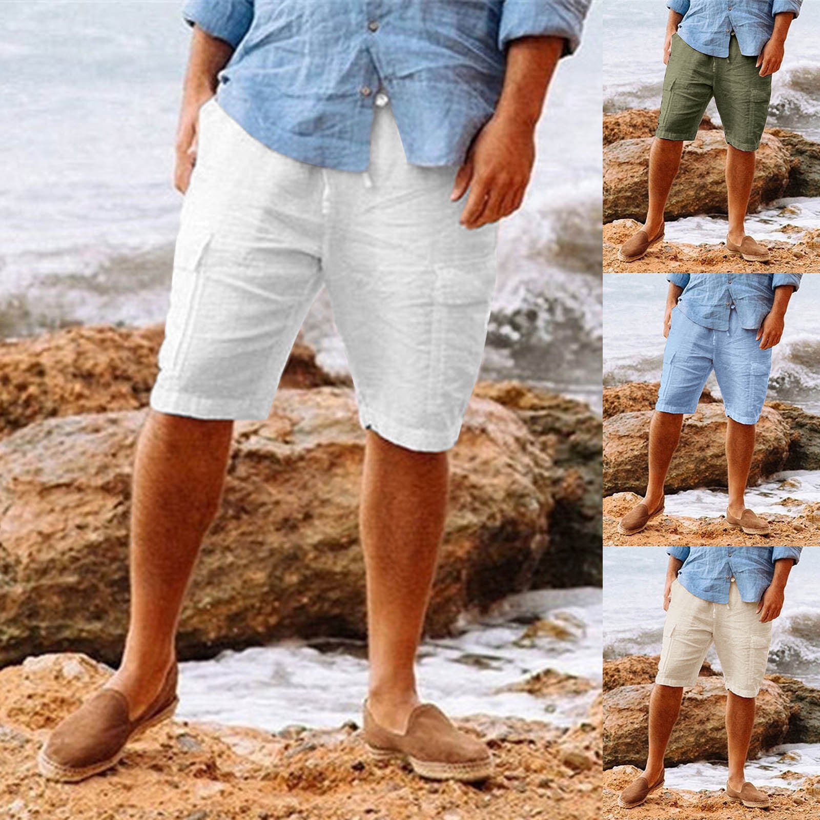 Men's Casual Vacation Beach Hawaiian Cotton Linen Multi-pocket Workwear Shorts - iztia