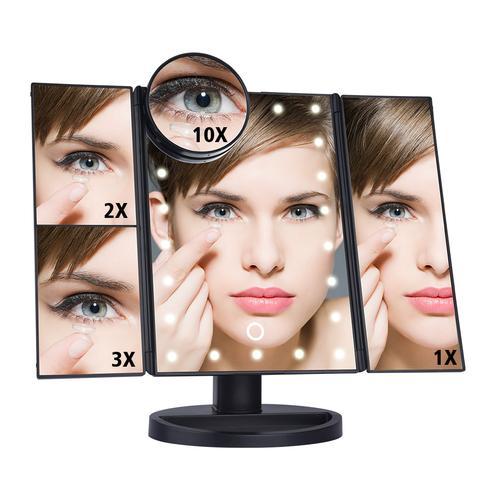 Three-sided Foldable Magnifying Desktop Makeup Mirror With Lamp - iztia