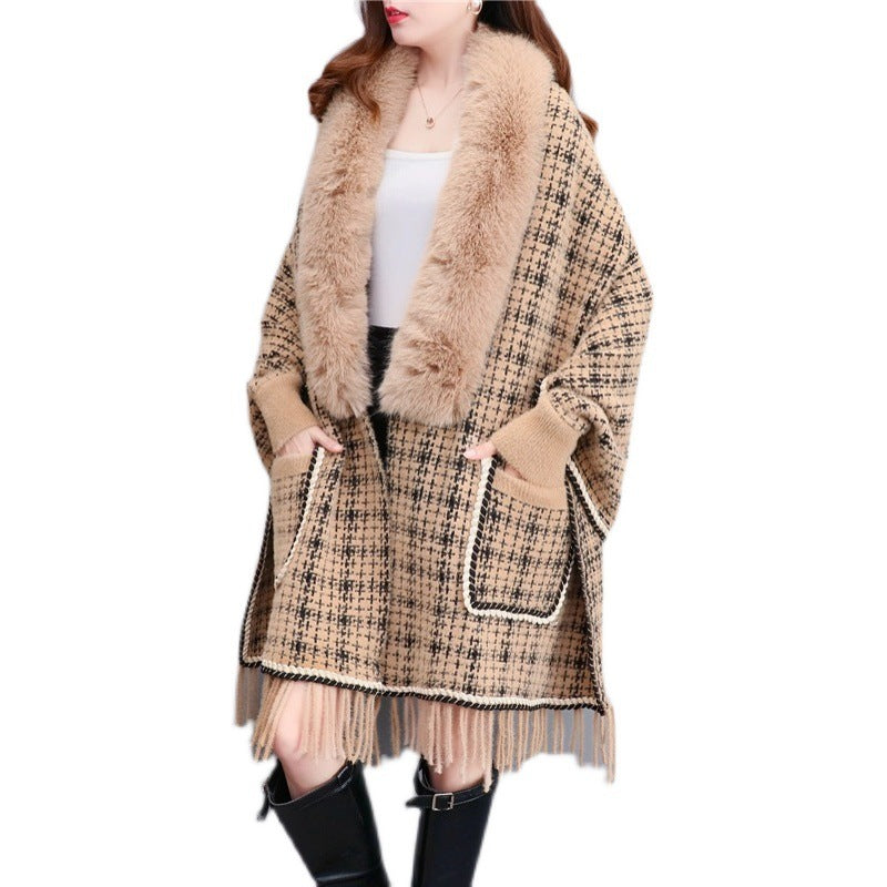 Autumn And Winter New Imitated Mink Cashmere Fur Collar Cape And Shawl Plus Size Tassel Knitted Cardigan - iztia