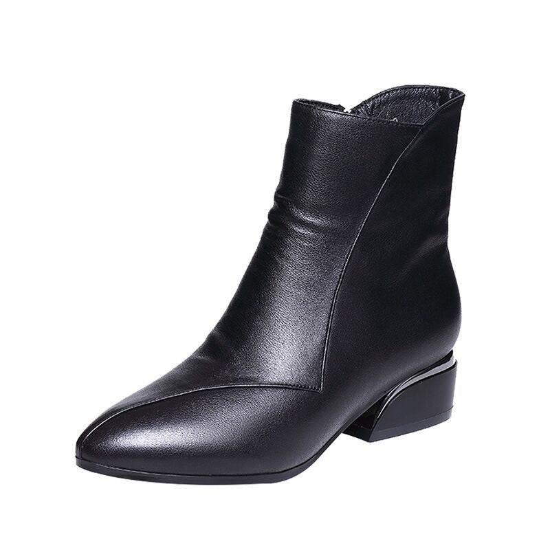 Pointed-toe Short Tube Chunky Heel Martin Boots - iztia