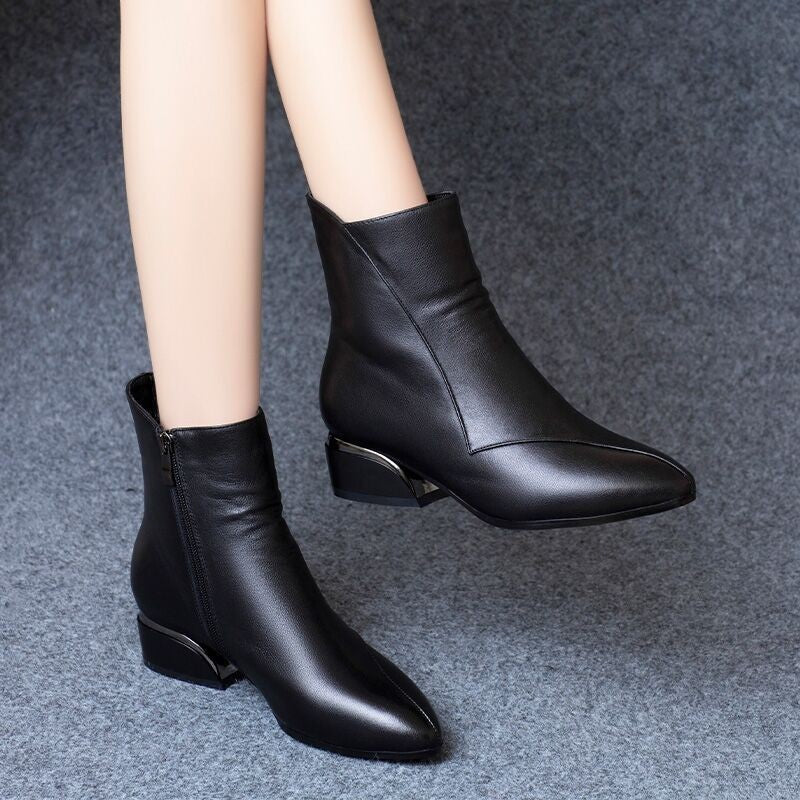 Pointed-toe Short Tube Chunky Heel Martin Boots - iztia