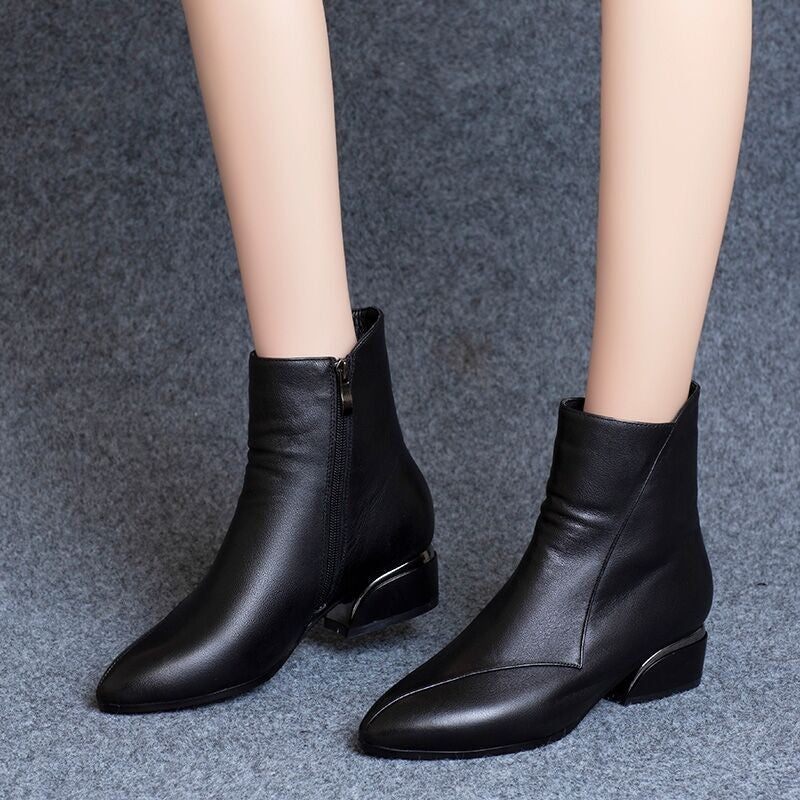 Pointed-toe Short Tube Chunky Heel Martin Boots - iztia