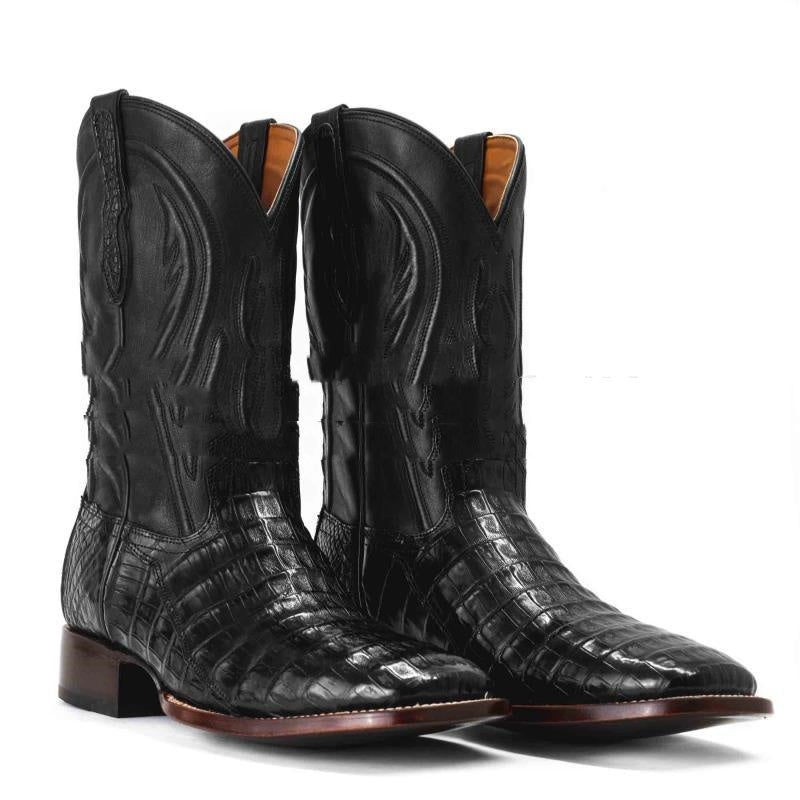 Embroidered Tube Edge Stitching Plaid Pointed Men's Boots - iztia