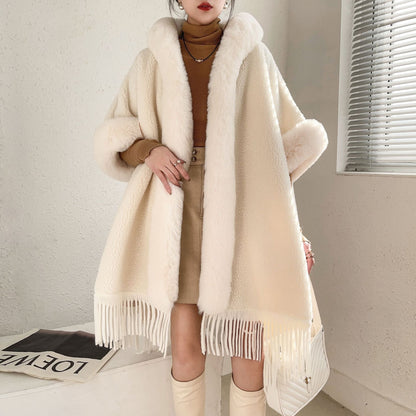 Women's Fleece Lined Padded Warm Keeping Mid-length Tassel Cape And Shawl - iztia