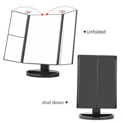 Three-sided Foldable Magnifying Desktop Makeup Mirror With Lamp - iztia