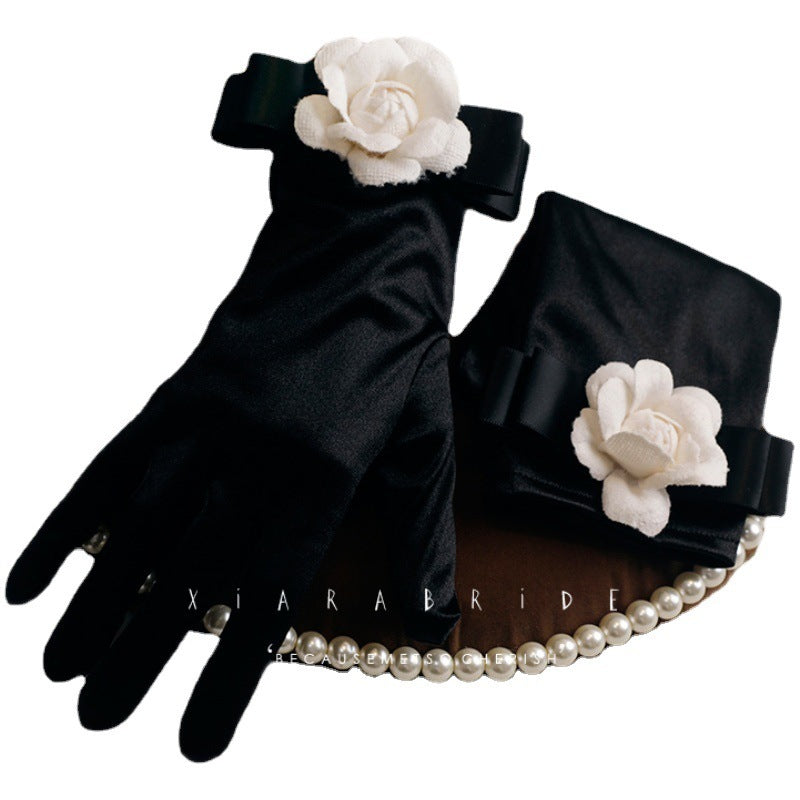 Women's Retro Hepburn Wind Black Evening Dress Butterfly Gloves - iztia