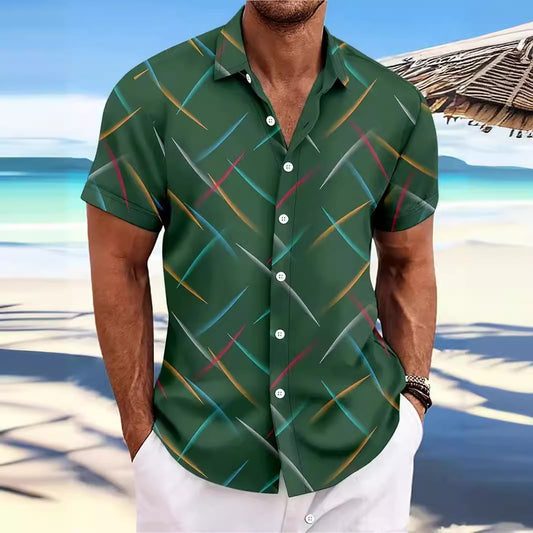 Summer New Men's Striped Feather Casual Beach Short Sleeve Button Shirt - iztia