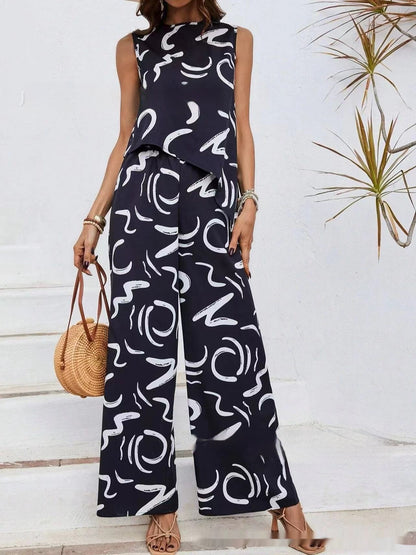 Sleeveless Irregular Vest Pants Fashion Printed Two-piece Suit - iztia