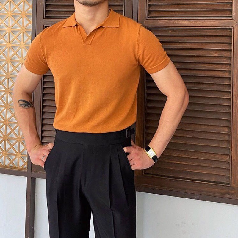 Men's Lapel Knitted Short-sleeved Slim T-shirt - iztia