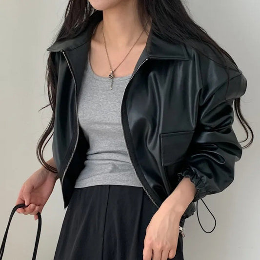 Lapel Double Zipper Pocket Long Sleeve Leather Coat - iztia