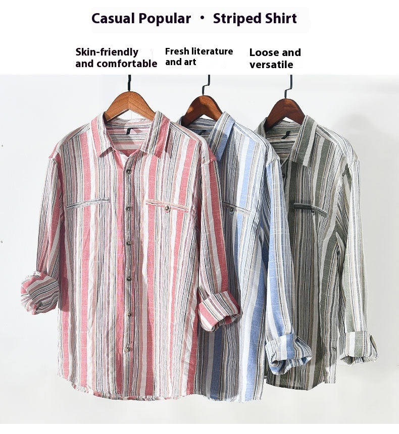 Fashion Striped Long Sleeves Shirt Men's Cotton And Linen - iztia