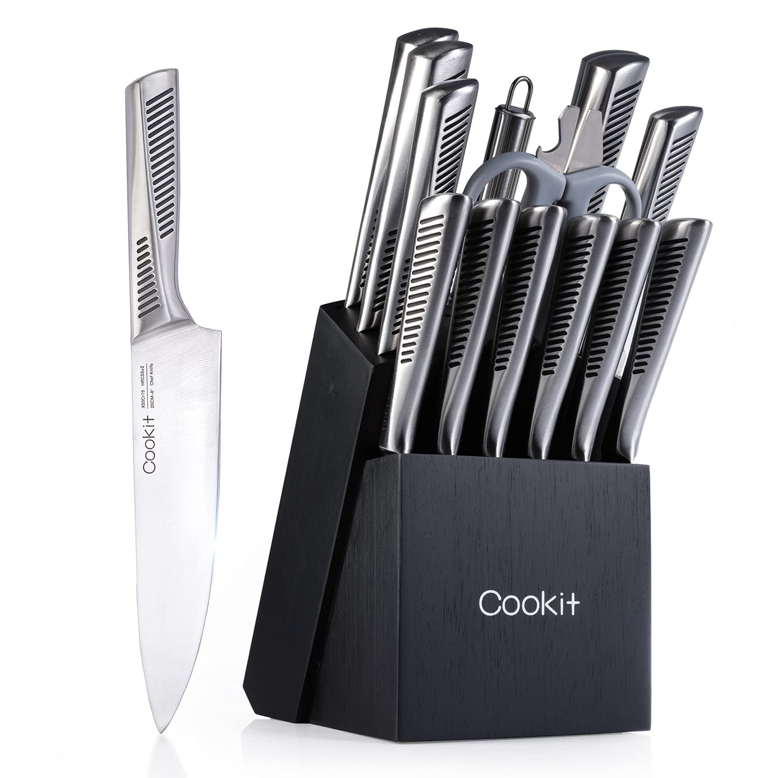 Kitchen Knife Set, 15 Piece Knife Sets with Block, Chef Knives with Non-Slip German Stainless Steel Hollow Handle Cutlery Set with Multifunctional Scissors Knife Sharpener  Amazon Platform Ba - iztia