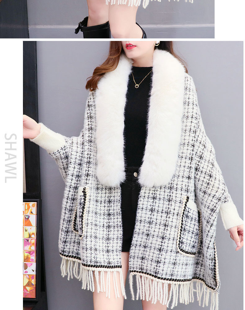 Autumn And Winter New Imitated Mink Cashmere Fur Collar Cape And Shawl Plus Size Tassel Knitted Cardigan - iztia