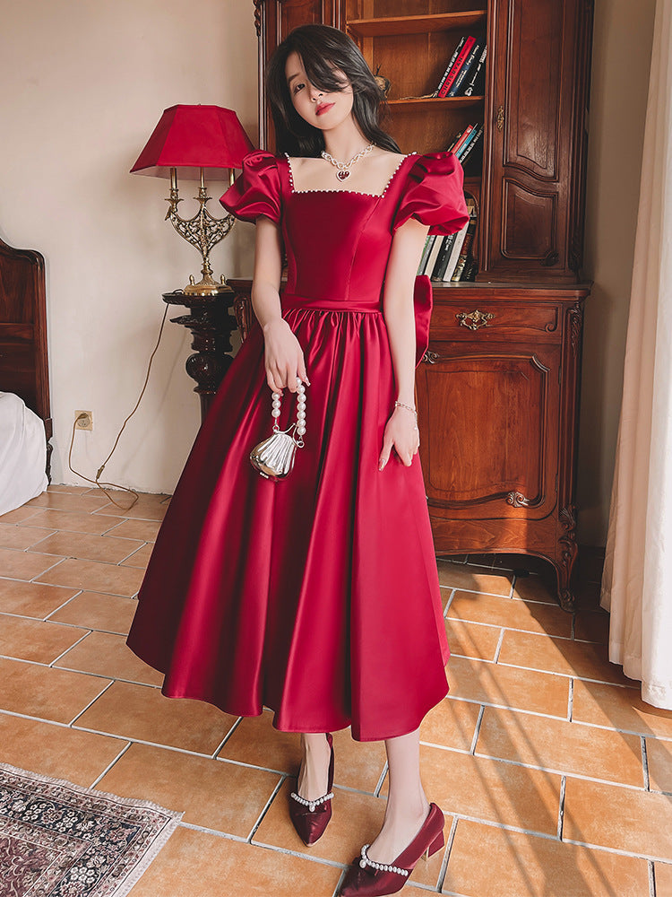 Winter Wine Red Engagement Daily French Princess On The Run Satin Dress - iztia