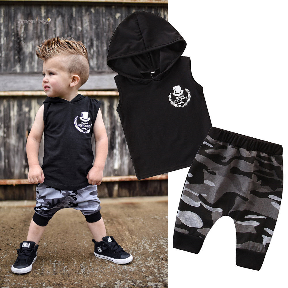 2PCS Toddler Kids Baby Boy Sleeveless Hooded Clothes T-shirt Tops Camo Pants Outfits - iztia