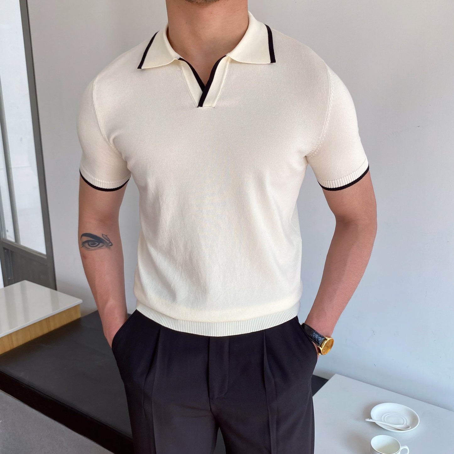 Men's Elbow-sleeved Top Fashion Polo Collar Casual T-shirt - iztia